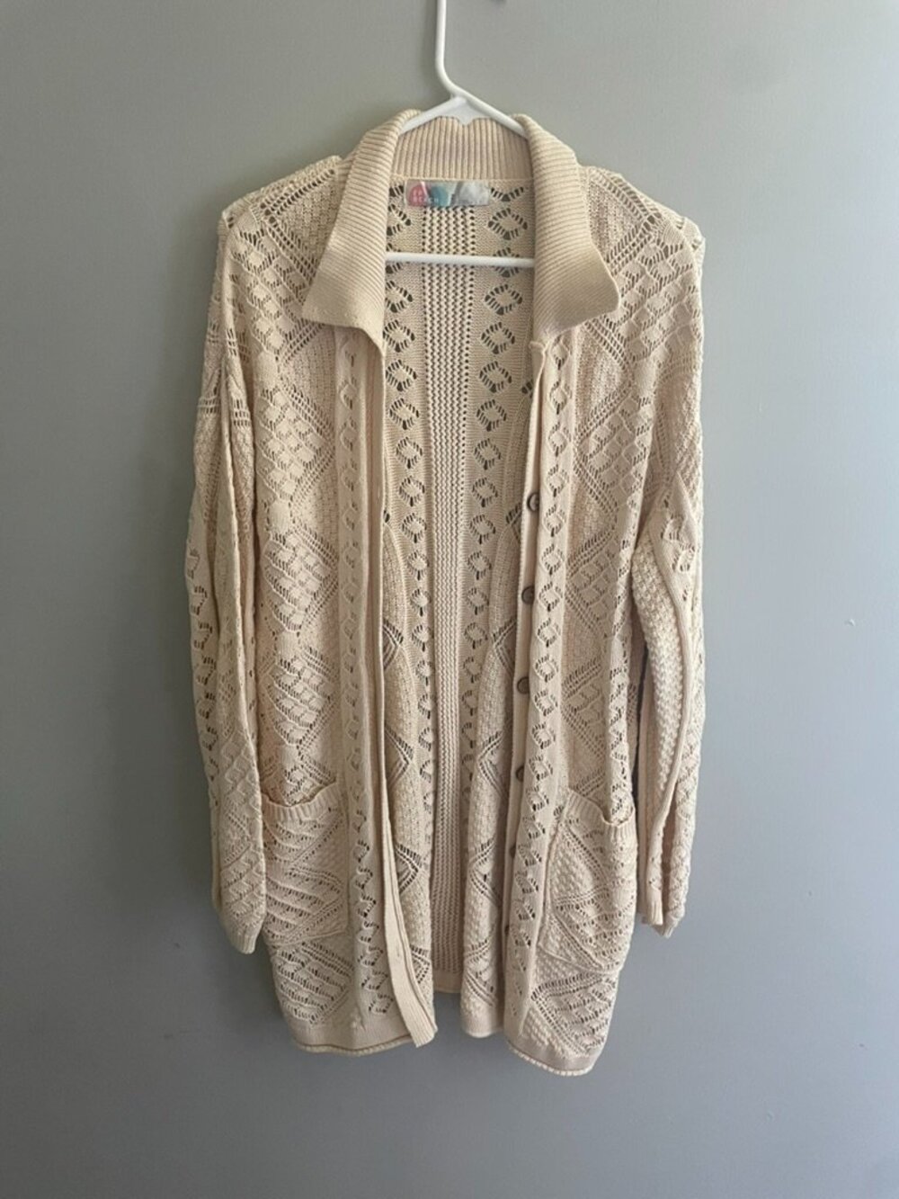 Free People FP Beach Cream Open‎ Knit Cotton Cardigan Small Boho Crochet Pockets